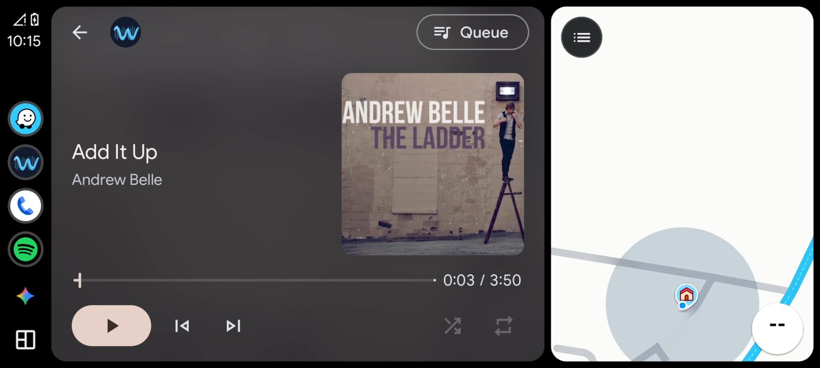 liquidWave running in Android Auto, Now Playing beside the map
