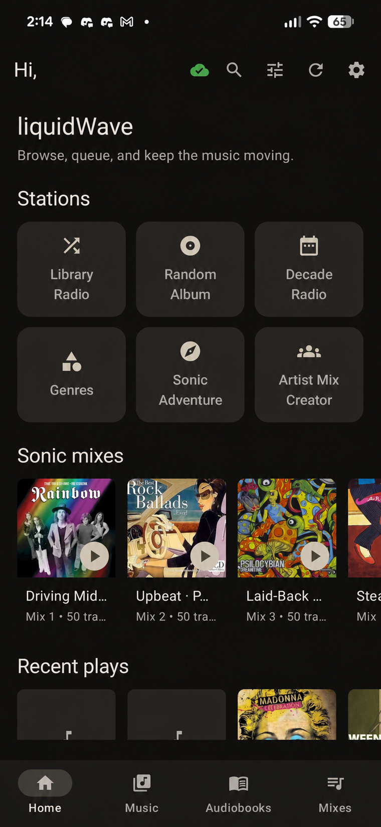 liquidWave app home screen with Stations, Sonic mixes and Recent plays