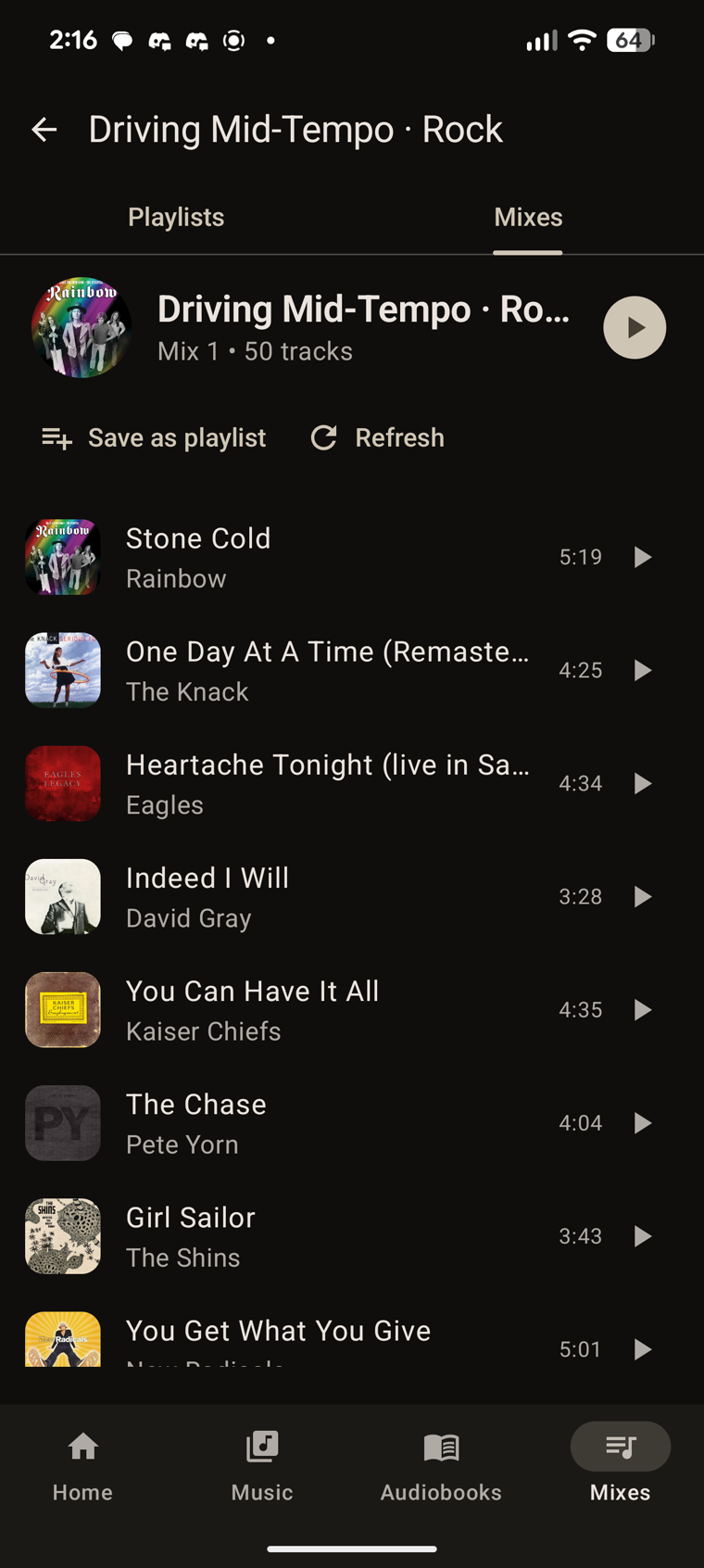 liquidWave Sonic Mixes screen showing mood-based playlists